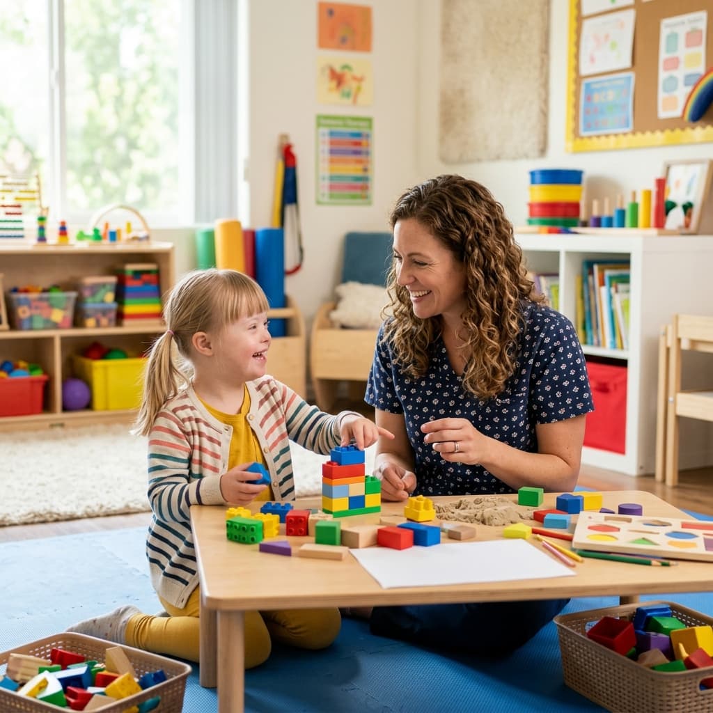 Criança brincando feliz com blocos educativos em sessão terapêutica infantil na SCAPE